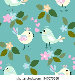 Cute birds seamless pattern with little flower and leaves on a blue background.