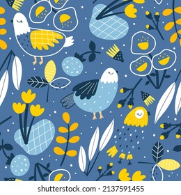 Cute birds seamless pattern on blue background, Floral background. Blooming Flowers, Floral paper, Spring Scrapbook. Vector illustration.