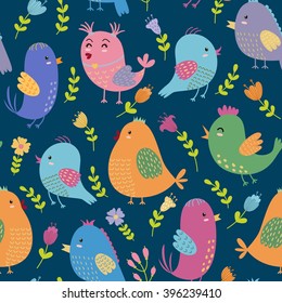 Cute birds seamless pattern. Vector texture in childish style great for fabric and textile, wallpapers, web page backgrounds, cards and banners design