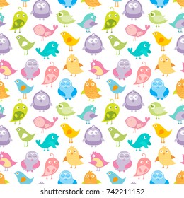 Cute birds seamless pattern. Vector illustration in soft pastel colors. Colorful background. Can be used for baby textile, print, child cloth, wallpaper, notebook, wrapping.