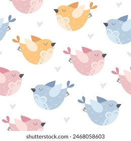 Cute birds seamless vector pattern. Summer Scandi texture. Hand drawn childish background for kids room decor, nursery art, packaging, wrapping paper, textile, fabric, wallpaper, gift, apparel.