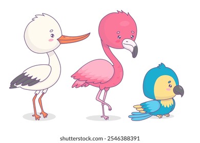 Cute birds set. Funny pink flamingo, white stork and Ara parrot. Isolated cartoon kawaii characters. Vector illustration. Kids collection