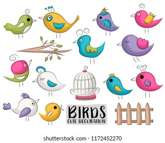 Cute birds set of icons and objects. Hand drawn doodle cartoon style spring and summer tropical design concept. Vector illustration.