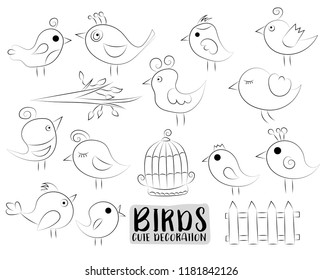 Cute birds set of icons and objects. Hand drawn doodle cartoon style spring and summer tropical design concept. Black and white outline coloring page kids game. Monochrome doodle line art.