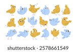 Cute birds set. Kawaii comic winged characters singing, flying, in playful poses, happy emotions, funny face expressions. Humor birdies. Kids flat vector illustration isolated on white background