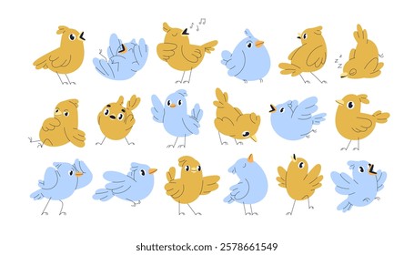 Cute birds set. Kawaii comic winged characters singing, flying, in playful poses, happy emotions, funny face expressions. Humor birdies. Kids flat vector illustration isolated on white background