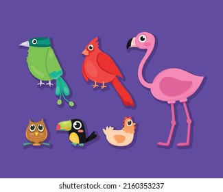 cute birds set six icons