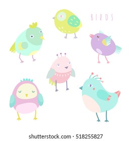 Cute birds set. Vector hand drawn isolated illustrations