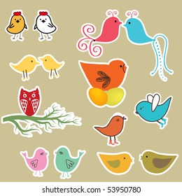 Cute birds set. Vintage vector illustration