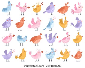 Cute birds singing love song romantic collection of beautiful poultry feathered animal characters isolated set vector illustration. Simple birdie doodle cartoon songbird mascot in boho style