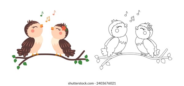 Cute birds singing on a branch coloring book or coloring page