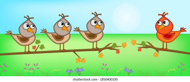 Cute birds sitting on tree branch. Think different, think outside the box. Being different, standing out from the crowd. Concept of uniqueness, quality, individuality and diversity.Vector illustration
