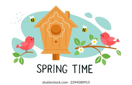 Aves agradables sentados en una rama arbórea con flores florecientes alrededor de una casa de madera. Caracteres de la primavera. Ilustración del vector