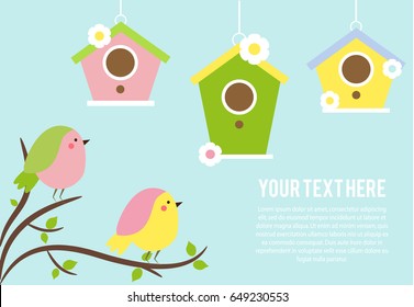 Cute Birds sitting on tree branches. Hanging Birdhouses. Vector banner, seasonal spring background.