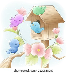 Cute birds sitting on wooden perch on birdhouse illustration