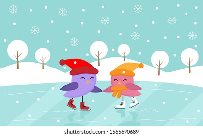 Cute birds skating together on rink