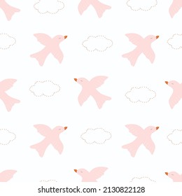 Jolies oiseaux dans le ciel motif harmonieux. Joli papier bébé. Oiseaux dessinés à la main et nuages de style scandinave. Illustration vectorielle enfants.
