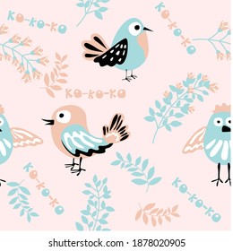 
Cute birds with sprigs of flowers and herbs. Spring tender vector seamless pattern. Hand drawn illustration for print