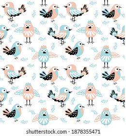 
Cute birds with sprigs of flowers and herbs. Spring tender vector seamless pattern. Hand drawn illustration for print
