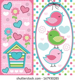 cute birds with spring pattern vector illustration