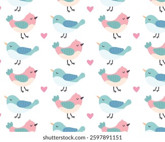 Cute birds. Spring pattern. Vector flat illustration.