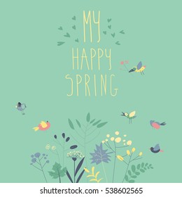 Cute birds with spring plants