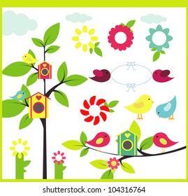 cute birds with trees and flowers. vector