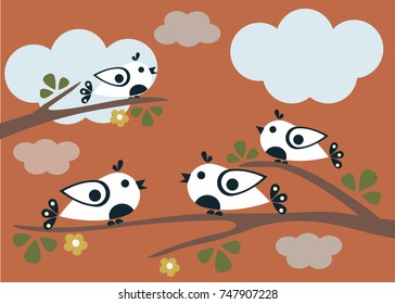 Cute Birds tweeting on a tree. Vector Illustration