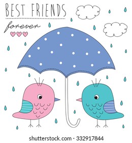 cute birds with umbrella vector illustration