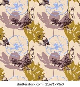 Cute birds and various flowers vector seamless pattern