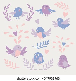 Cute birds vector card set pastel color. Color trend 2016