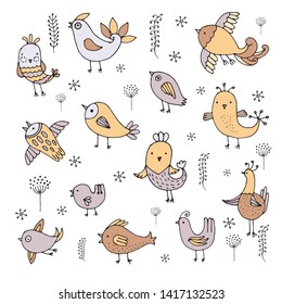 Cute birds in vector. Cartoon set on white background
