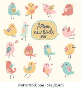 Cute birds in vector. Cartoon set, Fifteen funny birds in pastel colors