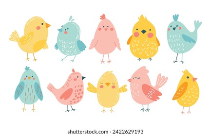 Aves ricas en vectores. Juego de caricaturas, pájaros divertidos en colores pastel. Conjunto de primavera