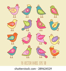 Cute birds in vector. Cartoon set