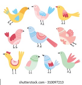 Cute birds vector. Cartoon set of colorful birds. Whimsical spring birds. Colorful and happy. 