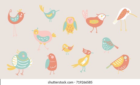 Cute birds in vector. Cartoon set