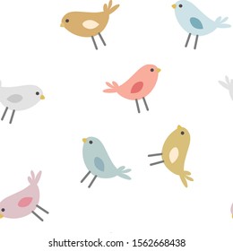 Cute birds vector seamless pattern in pink, grey, green, mint, yellow, kids pattern