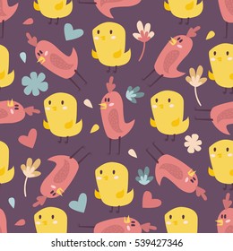 Cute birds vector seamless pattern