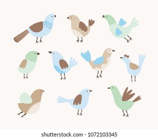 Cute birds vector set. Cartoon funny birds in pastel neutral colors.