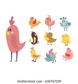 Cute birds vector set illustration cartoon colorful
