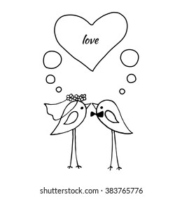 Cute birds wedding. The stylized vector image.