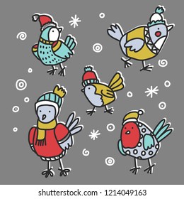 Cute birds in winter clothes are having fun. Merry Christmas illustration. Sparrows in hats, scarves and sweaters. Great for greeting cards and more.