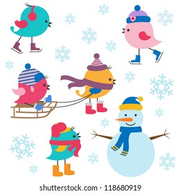 Cute birds winter. Vector set