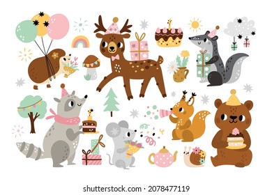 Cute birthday animals. Kids holiday party, children cartoon forest characters with decorative attributes, celebration elements, hedgehog with balloons, bear eat cake