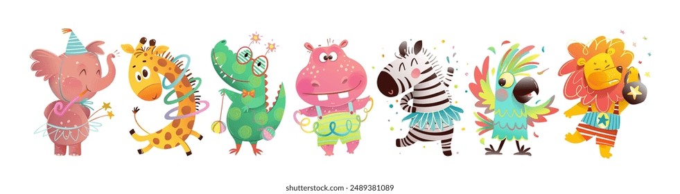 Cute birthday animals party and fun, playing with toys. Elephant, zebra, giraffe parrot hippo zebra and lion greeting characters for children event. Vector clip art illustration collection for kids.