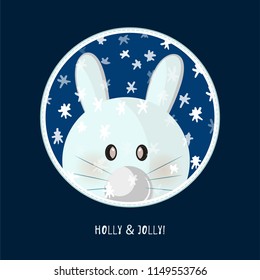 Cute birthday baby sticker with animals rabbit Design for greeting card, cartoon invitation, banner, frame milestone print Isolated on dark blue