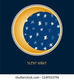 Cute birthday baby sticker with moon and stars Design for greeting card, cartoon invitation, banner, frame milestone print Isolated on dark blue