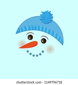 Cute birthday baby sticker with snowman Design for greeting card, cartoon invitation, banner, frame milestone print Isolated on dark blue

