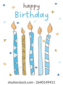 Cute Birthday Background, Hand Drawn, Doodle, Simple Background with Candles and Confetti, Glitter, Happy Birthday Background, Vector